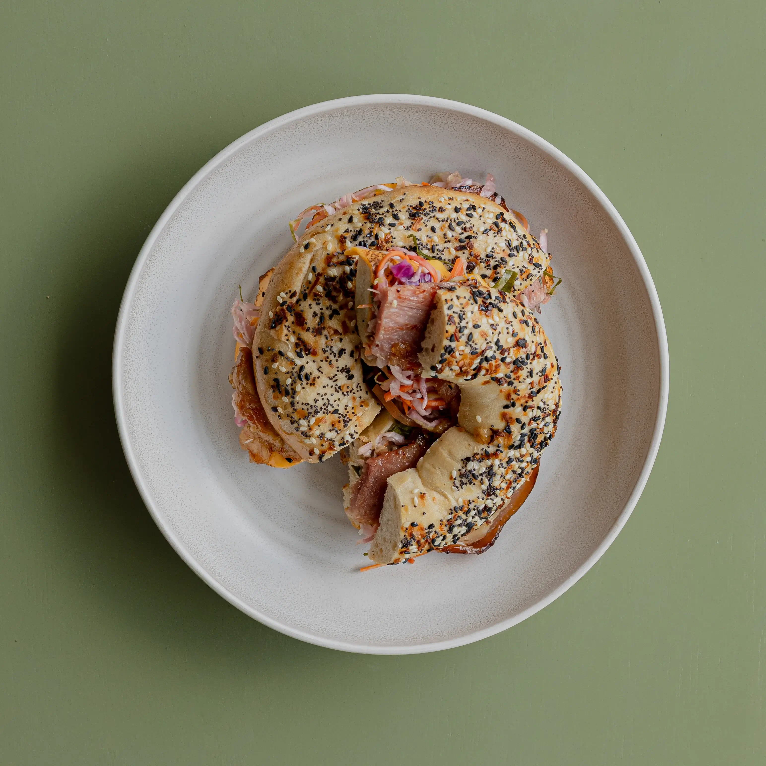 Everything Bagel, Smoked leg ham, pickled slaw, hoisin mayo, cheddar cheese